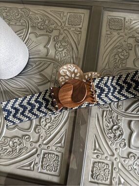Braided Navy and Cream Stretch Belt with Carved Wooden Buckle
